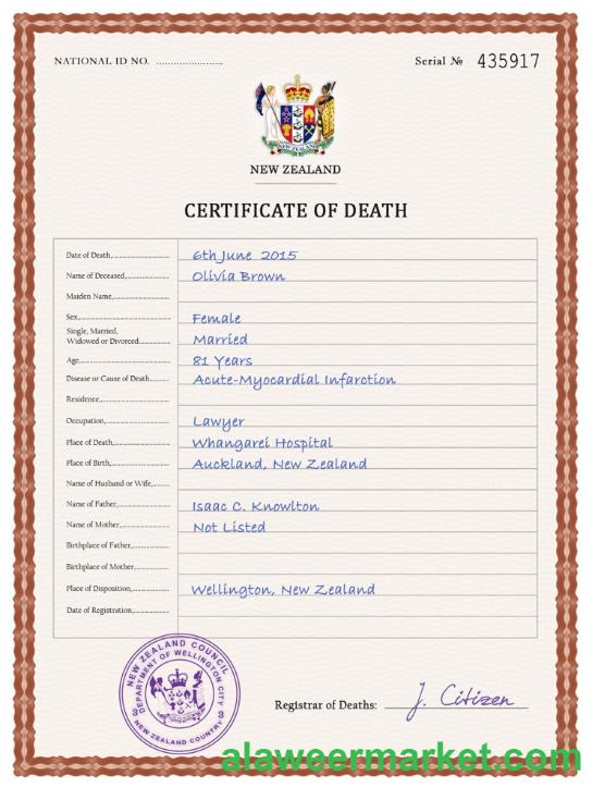 New Zealand vital record death certificate PSD template